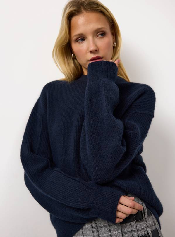 Navy Ribbed Fisherman Crew Neck Jumper M